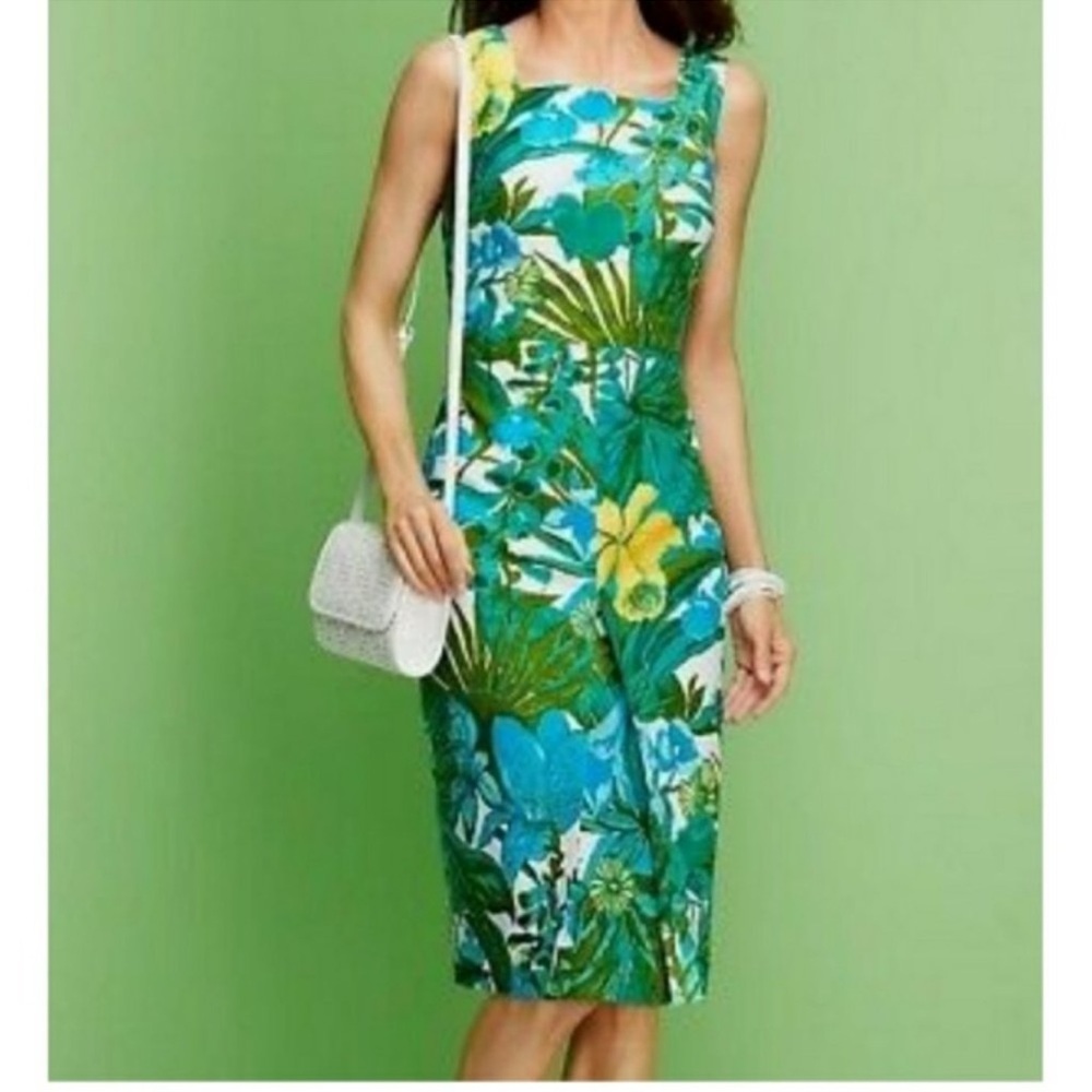 Sleeveless Tropical Print Sheath Dress in Teal & Green